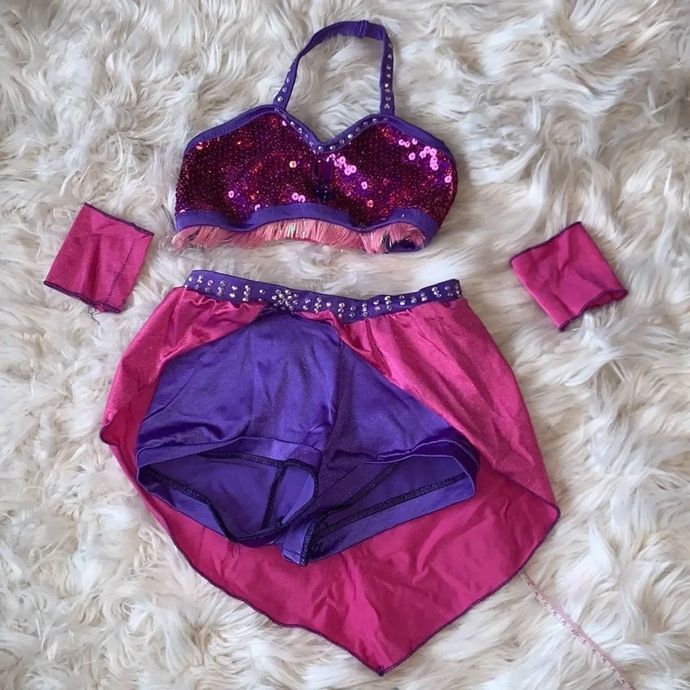 Purple and Pink two piece dance costume with Swarovski Crystals and sequins.